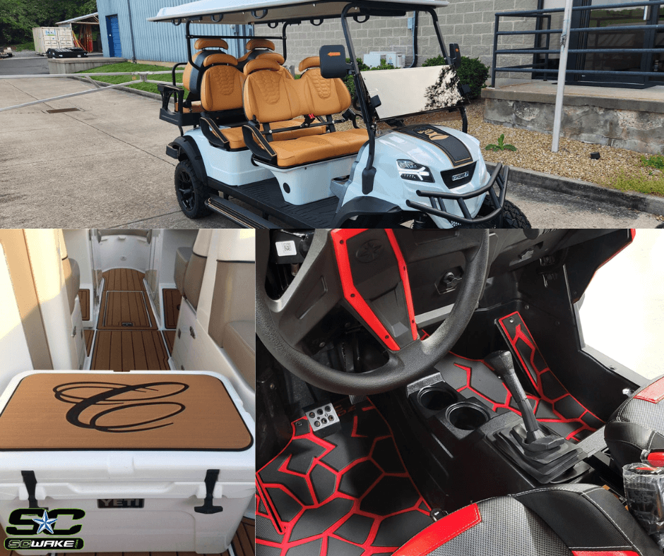 a three-image montage showing SeaDek products in a golf cart, an all-terrain vehicle, and a hard cooler
