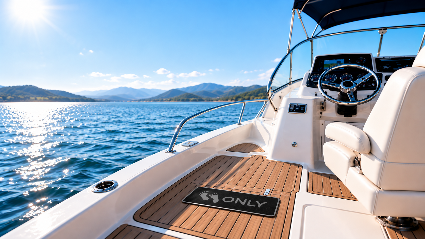 Image of a boat on the water with an SC Wake boat step pad on the decking