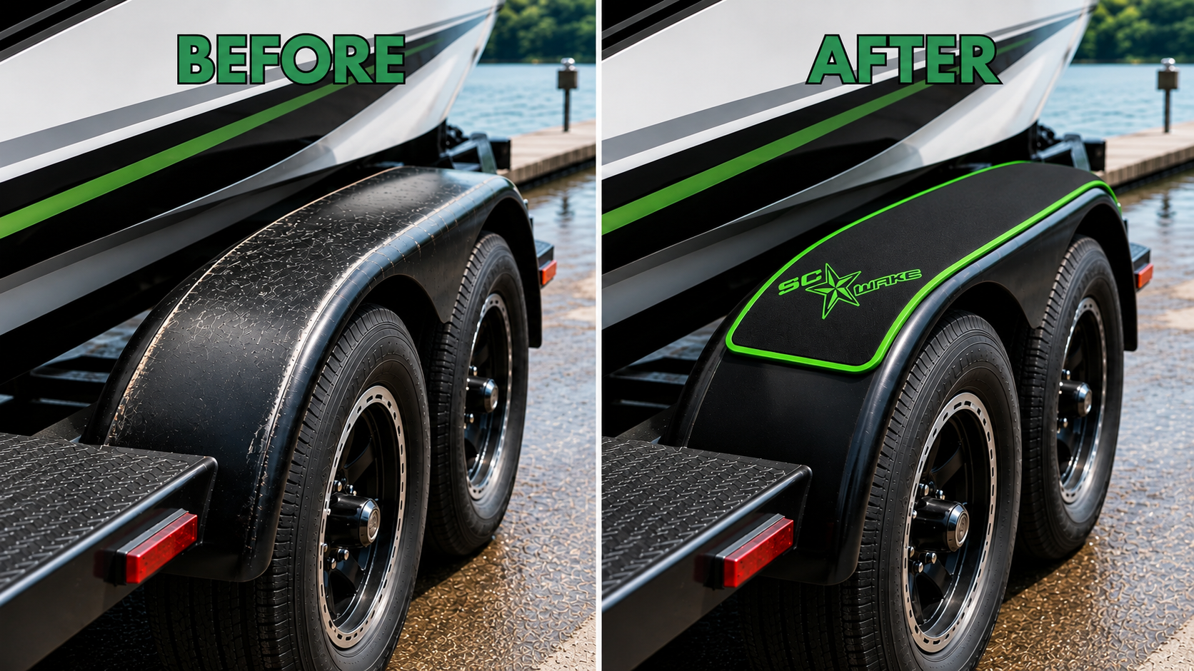 Before-and-after comparison of a boat trailer fender upgraded with a non-slip SC Wake fender pad