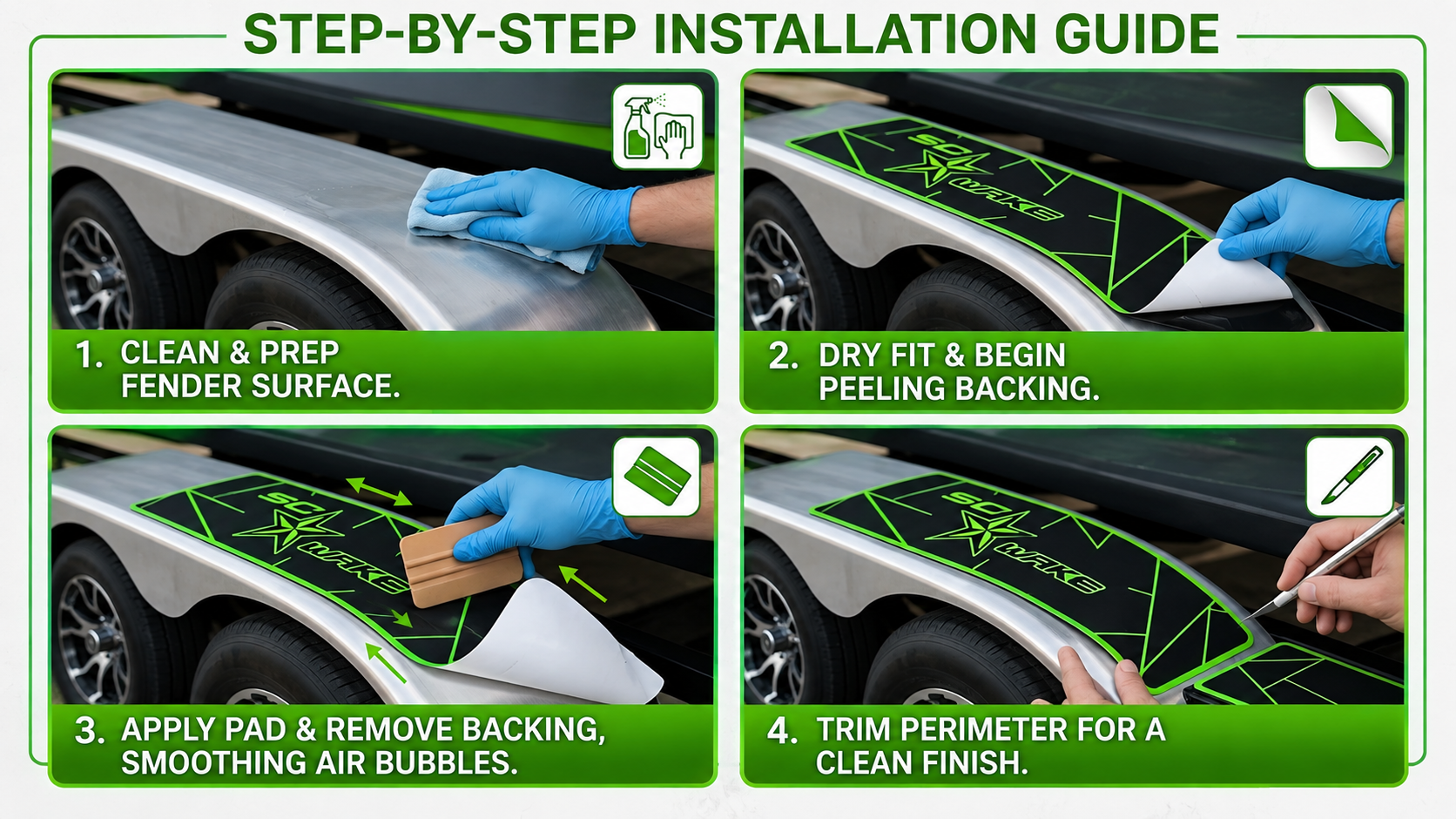 Step-by-step guide showing how to clean, apply and trim a boat trailer fender pad
