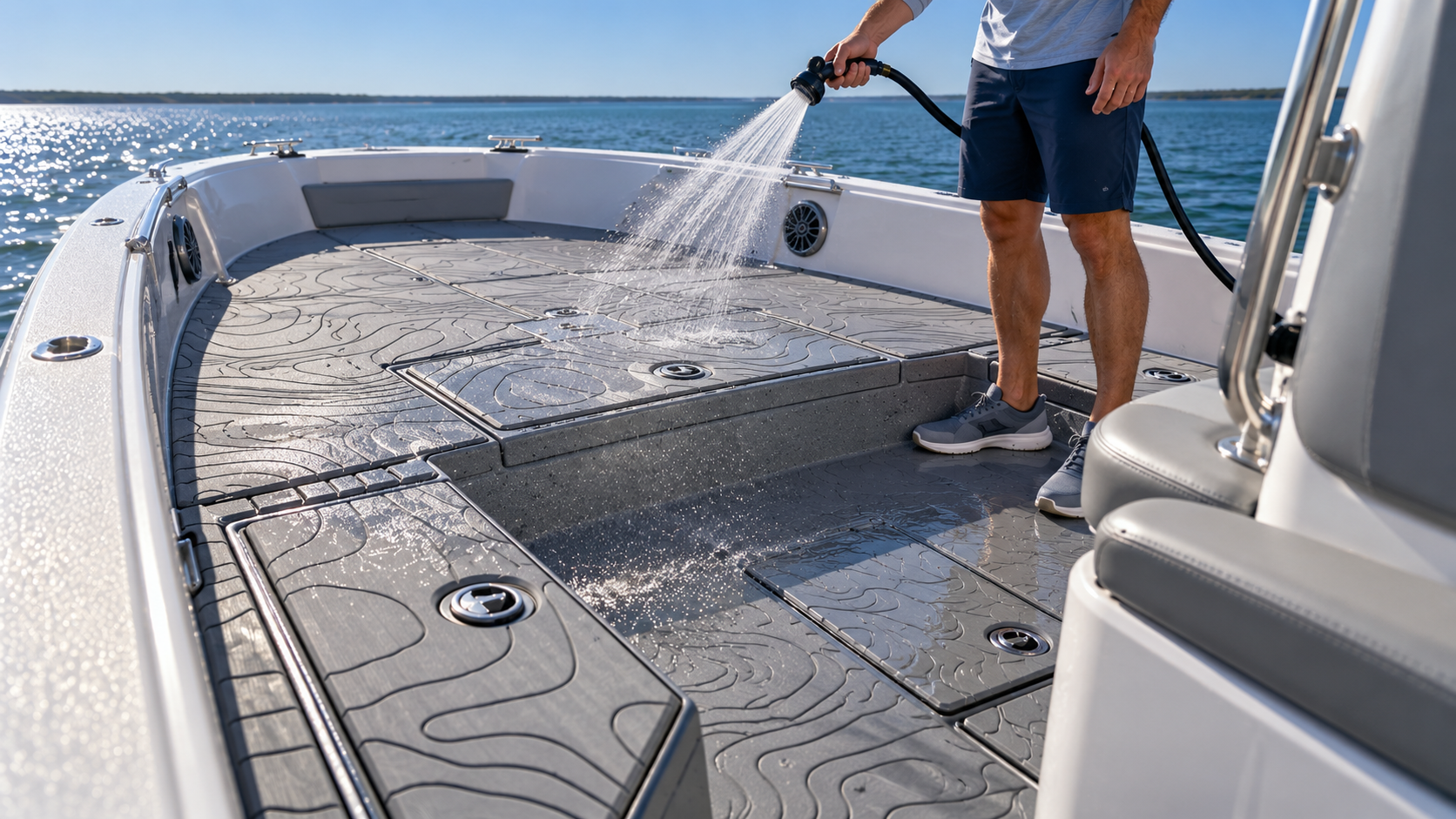 A boater cleans his luxury marine flooring with a hose