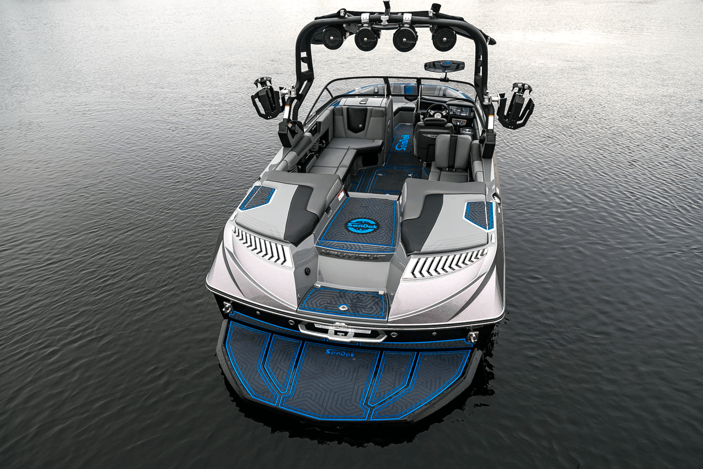 A boat that features bright SeaDek boat flooring color cobinations