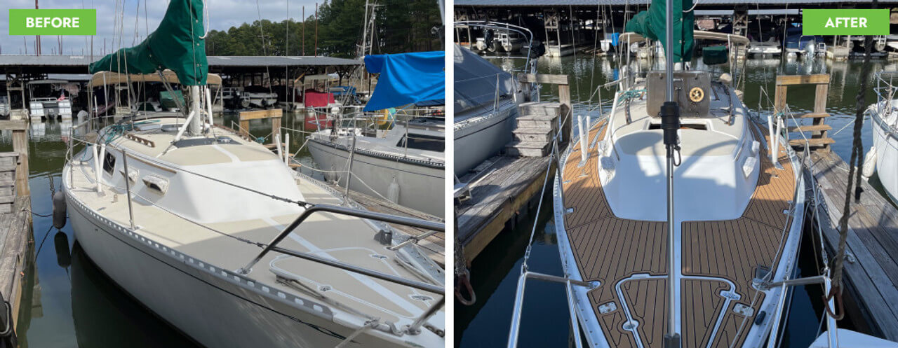 A before and after image of a boat with and without luxury flooring