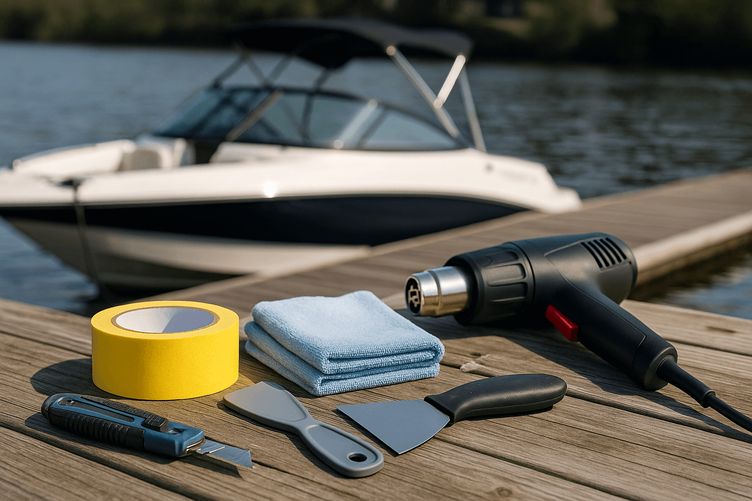 A set of SeaDek boat installation tools laid out on a wooden dock with a speedboat docked in the background.