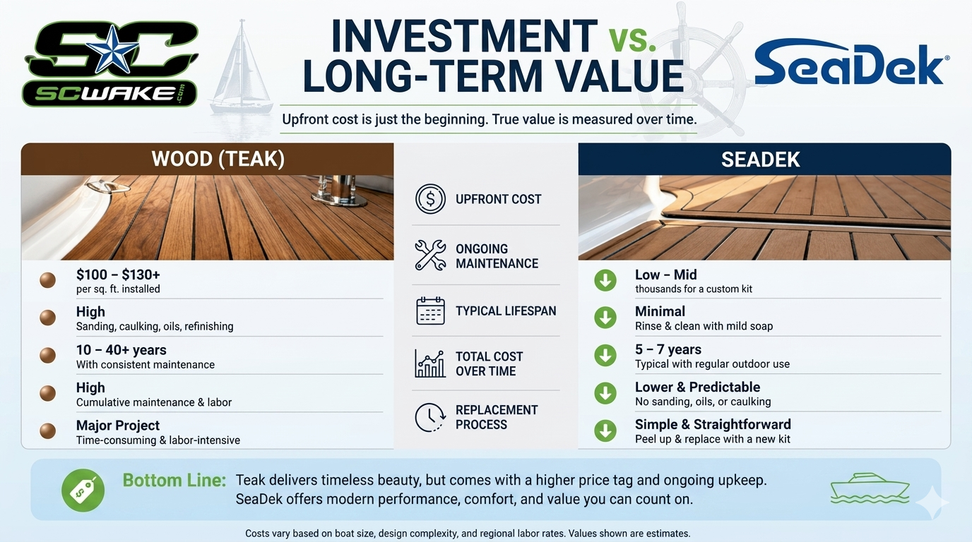 An infographic comparing the investment and value of Wood (Teak) and SeaDek marine flooring