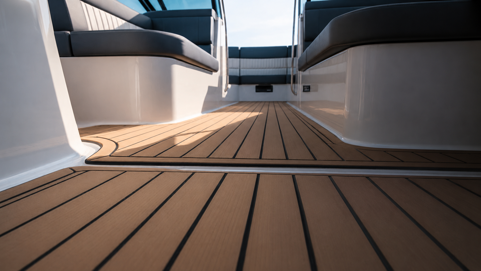 A close-up shot showing SeaDek luxury marine flooring in faux teak finish