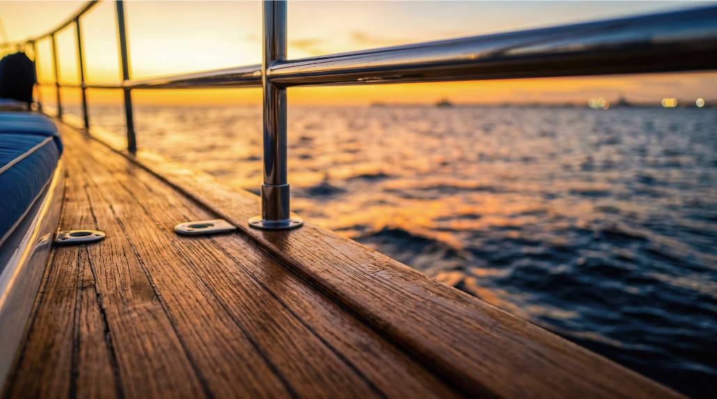 Close-up view of beautiful wooden teak deck on luxury private yacht